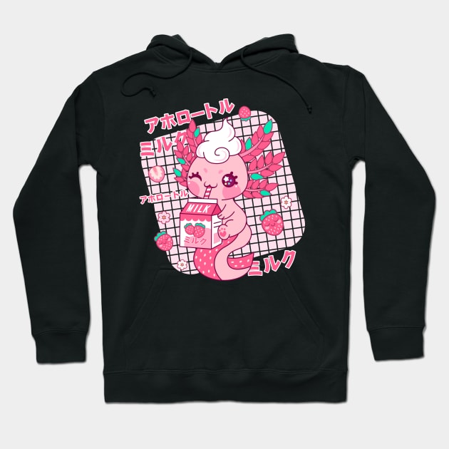 Axolotl kawaii Strawberry Milk Japanese Hoodie by HollyDuck